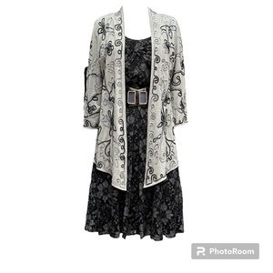 Grey/black Vintage lace dress 3 pcs.w mid length cardigan & dark grey cinch belt